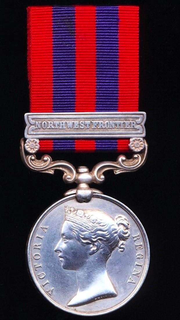 India General Service Medal 1854-95. Silver issue with clasp 'North West Frontier' (1346 Corpl V. Moore. 3 Bn Rif. Bde)