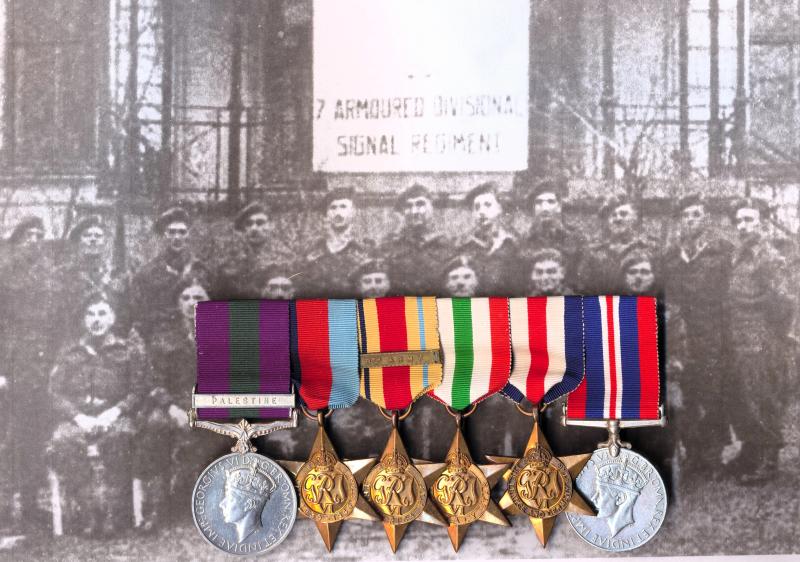 A confirmed 'Desert Rat's' Palestine and Second World War campaign medal group of 6: Sergeant John Haw Falkingham, 7th Armoured Division Signals Regiment late Royal Corps of Signals