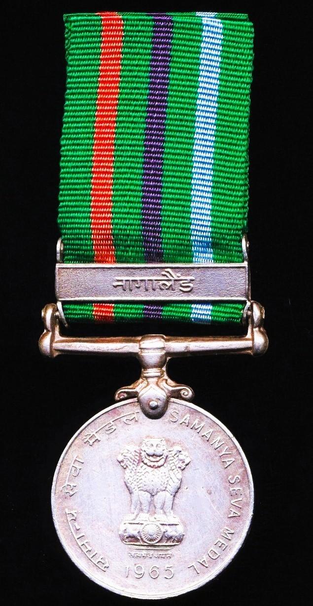 India: Samanya Seva Medal 1985. With Hindi language clasp for 'Nagaland' (1459172 Spr Kunjan Singh, BEG)