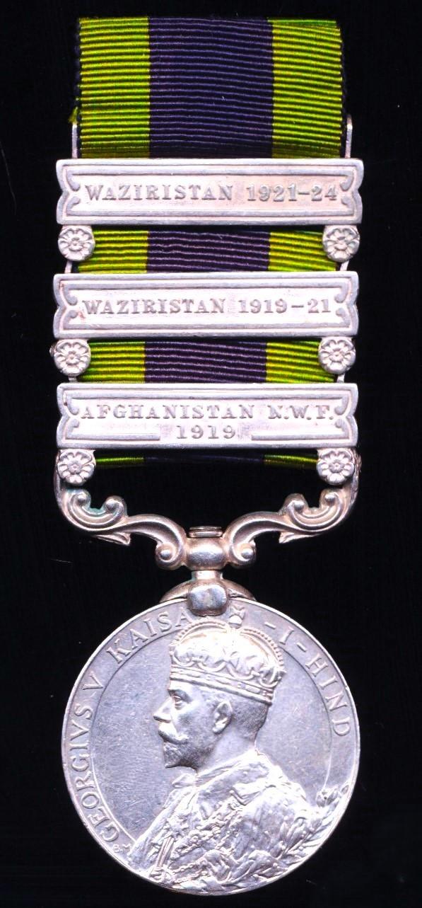 India General Service Medal 1908-35. GV first type silver issue with 3 x clasps 'Afghanistan N.W.F. 1919', 'Waziristan 1919-21' & 'Waziristan N.W.F. 1921-24' (235 Rfm. Jeet Sing Rawat, 4-39 R. Garh. Rif)