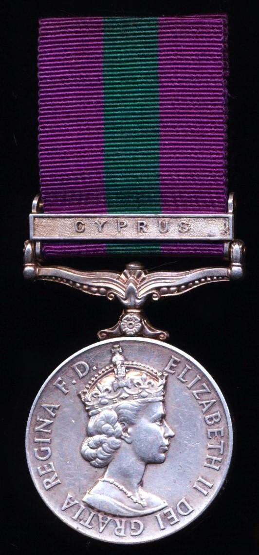General Service Medal 1918-62. EIIR issue with clasp 'Cyprus' (23185249 Pte. C. Greig. Gordons.)