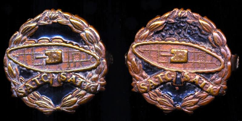 Union of South Africa: South African Tank Corps. Blackened & Bronze Beret / Collar Badge. Lot of two (x 2)