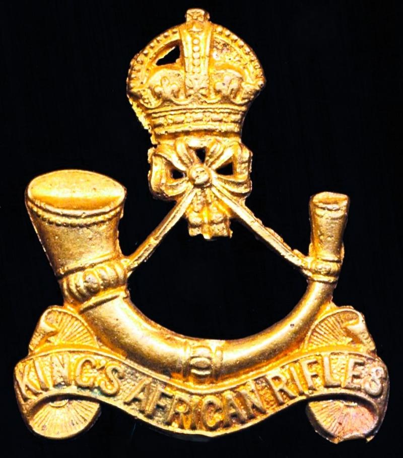 British Empire (East & Central Africa): King's African Rifle. King's Crown 'Theatre Made' sand-cast gilding metal cap badge