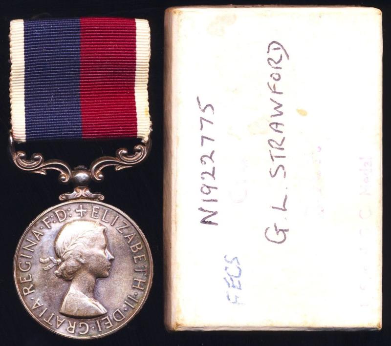 Royal Air Force Long Service and Good Conduct Medal. EIIR issue with 2nd type obverse legend (N1922775 Cpl. G.L. Strawford RAF.)