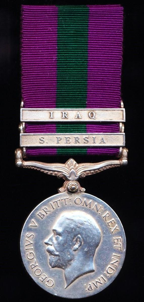 General Service Medal 1918. GV first issue with 2 x clasps 'S. Persia' & 'Iraq' (5458 Sepoy Gul Naib. 126 Infantry.)