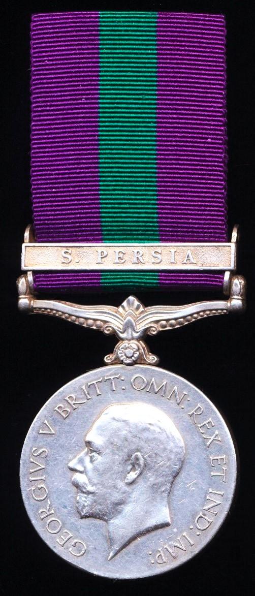 General Service 1918-62. GV first issue with clasp 'S. Persia' (53305 M. Dvr. Mul Raj. S. & T. Corps.)