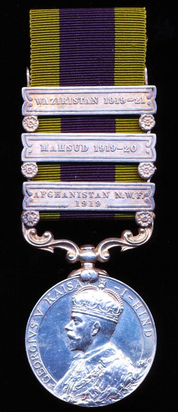 India General Service Medal 1908-35. GV silver first issue with 3 x clasps 'Afghanistan N.W.F. 1919', 'Mahsud 1919-20' & 'Waziristan 1919-21' (Lt. A. Williams, 2/41/Dogras.)