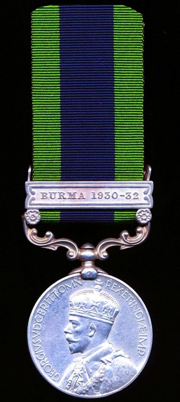 India General Service Medal 1908-35. GV second type. Silver issue with clasp 'Burma 1930-32' (Pte. Follr. Ram Chandar. 3-6 Raj. Rif.)