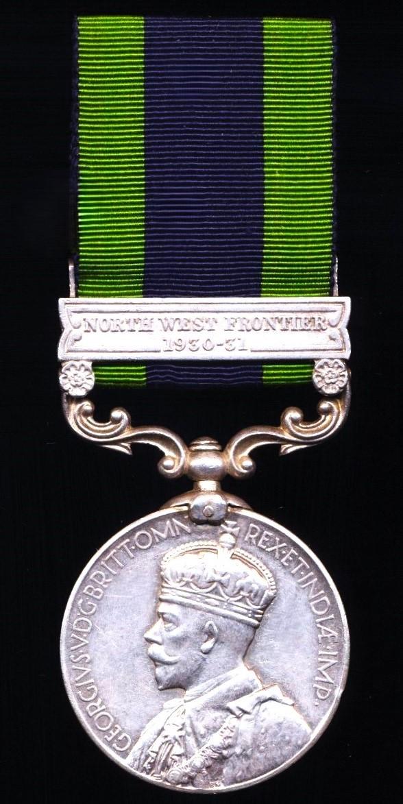 India General Service Medal 1908-35. GV second issue with clasp 'North West Frontier 1930-31' (7209 Sep. Hazara Singh, 5-12 F.F.R.)