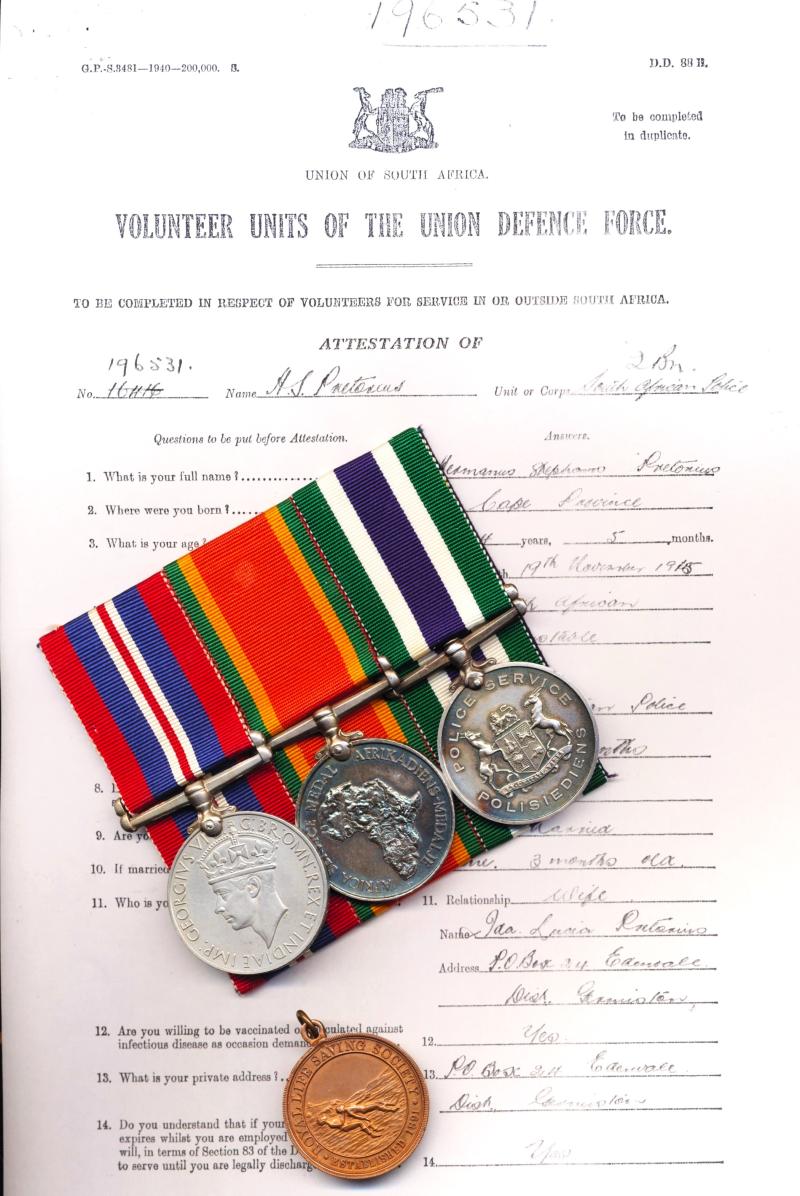 A South African Policeman's Second World War and Long Service medal group of 3: Sergeant Hermanus Stephanus Pretorius, South African Police Service, and late South African Police Battalion, Union Defence Force
