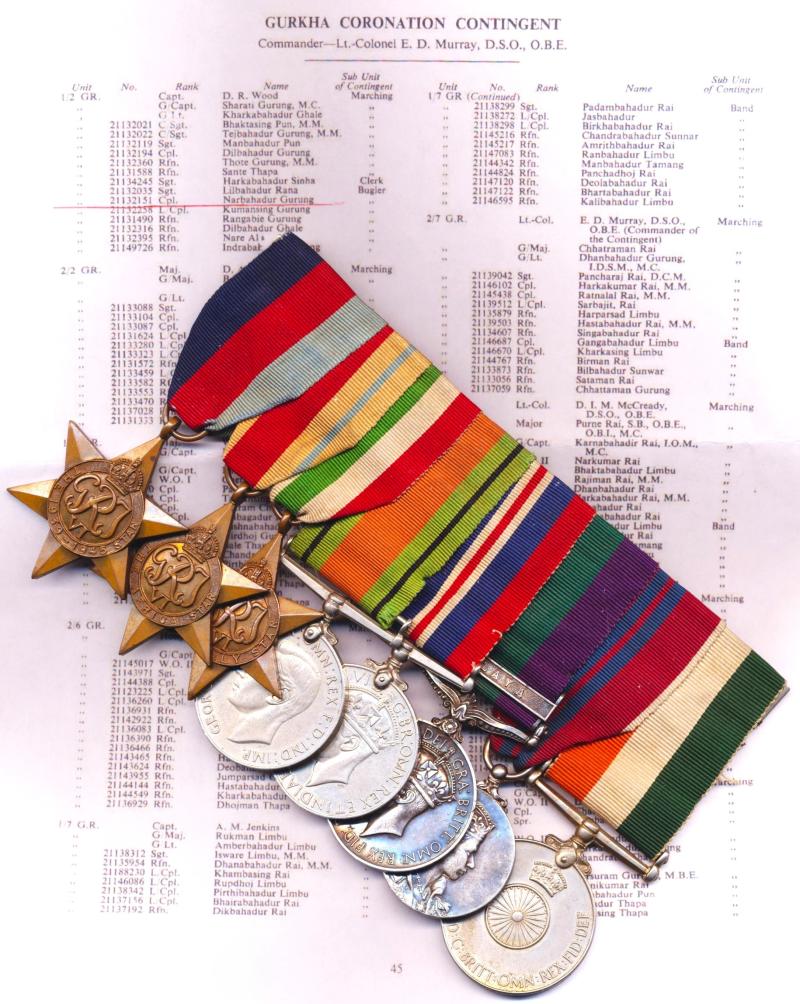 A Gurkha 'Coronation Bugler's' multi-campaign and royal commemorative medal group of 8: Corporal Narbahadur Gurung, 1st Battalion 2nd Gurkha Rifles (Sirmoor Rifles)