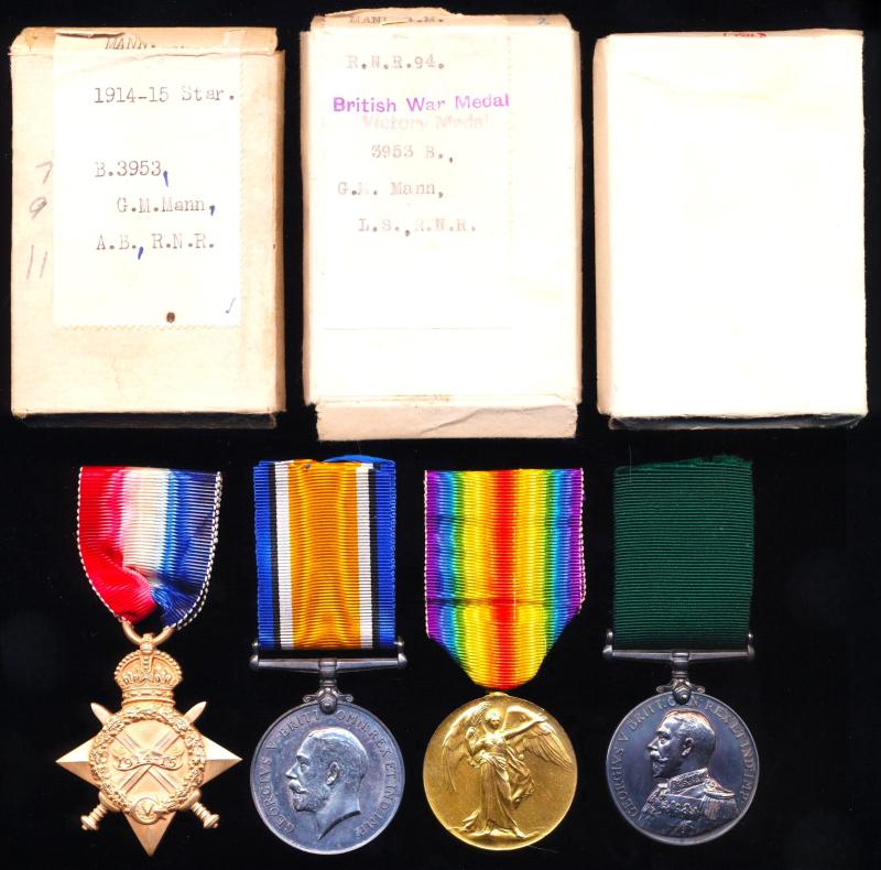 A Shetlander from the Isle of Yell, Great War campaign medal and long service medal group of 4: Leading Seaman Gilbert Magnus Mann, Royal Naval Reserve late H.M.S. Achilles