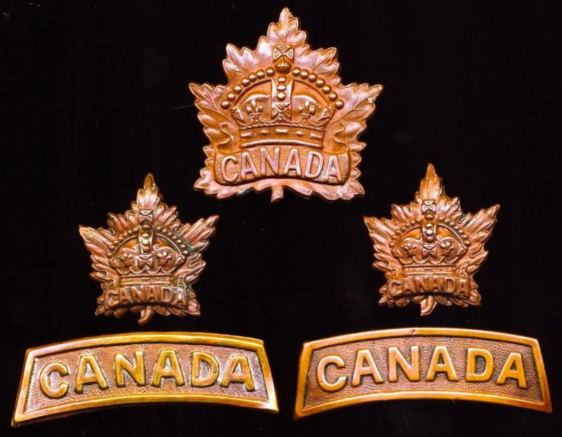 Canada (Dominion): Lot of Canadian Army general service, 'King's Crown' bronze metal insignia, comprising Cap Badge (1), Collar Badges (2) Shoulder Titles. Circa 1914-1918