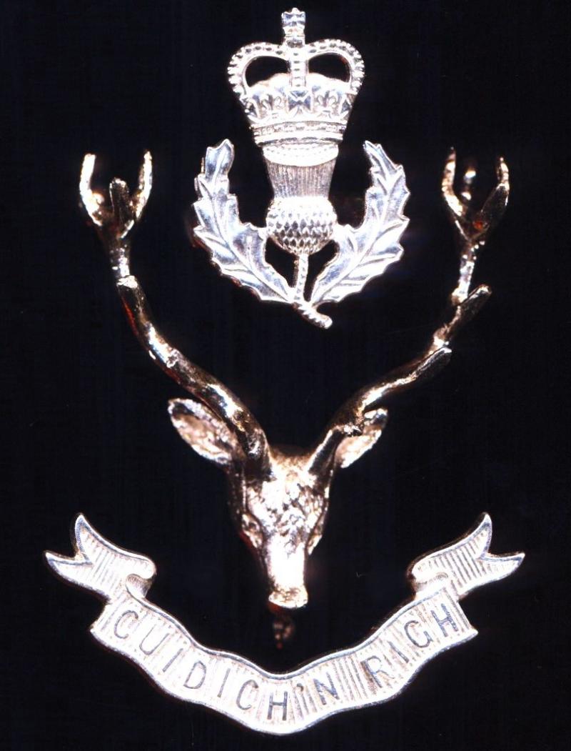 British Army: Queens Own Highlanders (Seaforth & Camerons). 3 x piece 3D Frosted / Silver Plated Officer's & Warrant Officer's Cap Badge. Circa 1961-1994