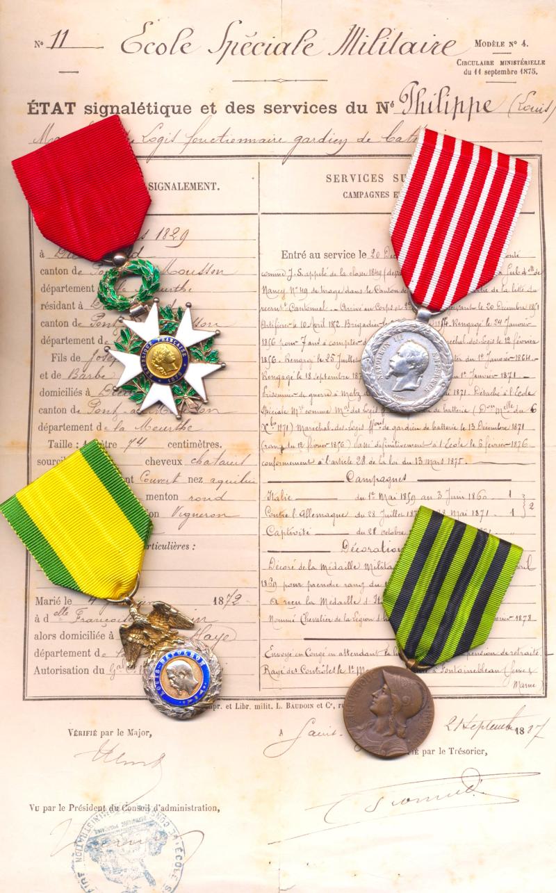 A documented twice decorated Artillery Warrant Officer and former Prisoner of War Italy Campaign and Prisoner of War during the Franco-Prussian War medal group of 4: Marechal-de-Logis Louis Philippe, French Military Academy St Cyr, late Artillery Regiment