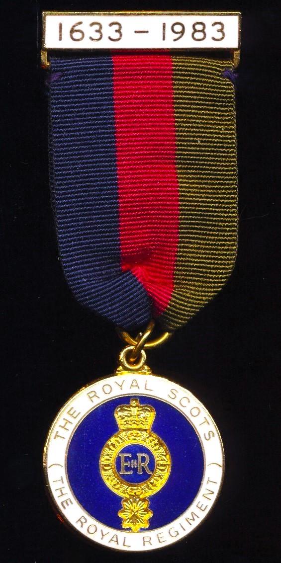 Royal Scots Regiment: Regimental 350th Anniversary Medal. Gilt & enamel. With integral top bar '1633-1983'