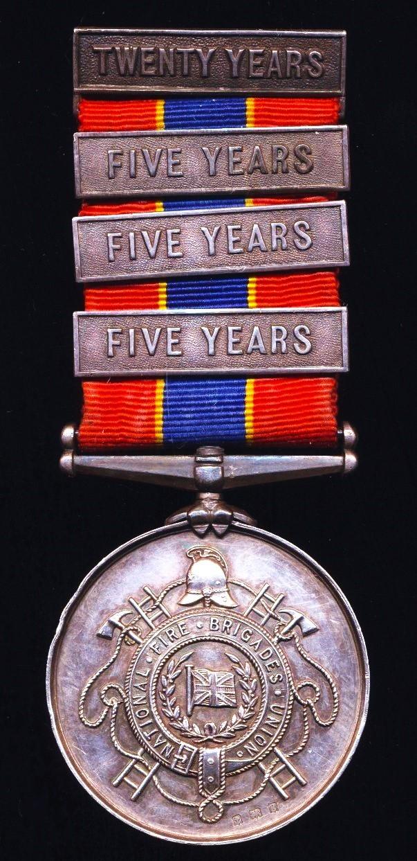 National Fire Brigades Union. Silver 20 years long service medal, with top brooch bar 'Twenty Years', & 3 x additional silver '5 Years' clasps. With silver hallmarks for Birmingham 1906. The medal named engraved (Engineer W. Sherriff Grimsby C.F.B. Ju