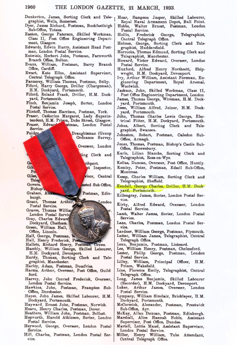 Imperial Service Medal. GV 'Crowned Head' issue (George Charles Kendell.)