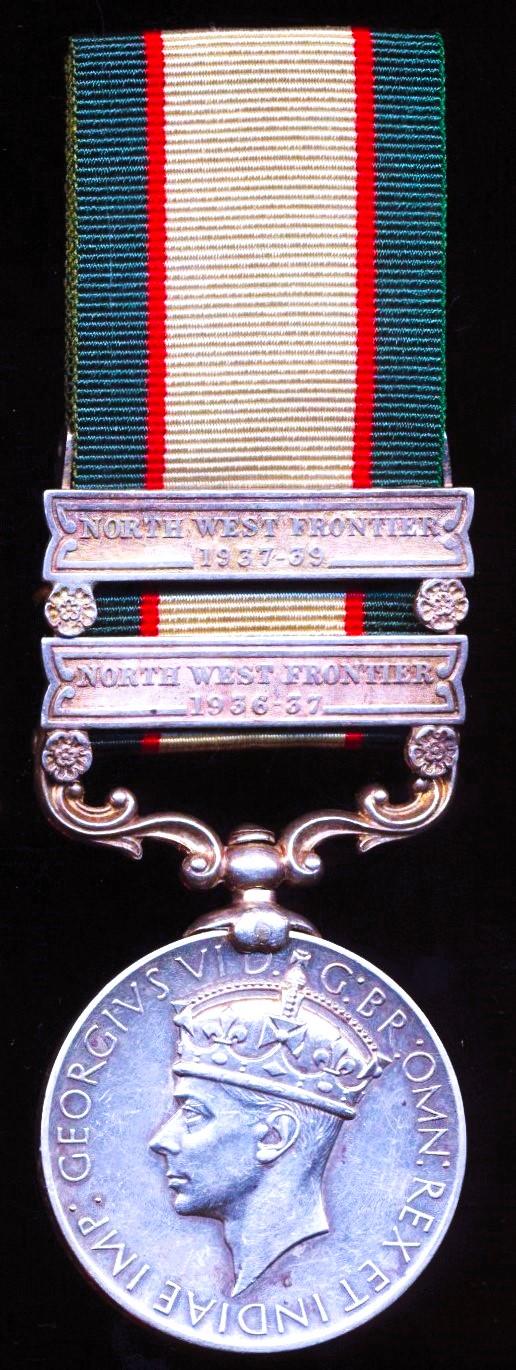 India General Service Medal 1936. With 2 x clasps 'North West Frontier 1936-37' & 'North West Frontier 1937-39' (6777 Sepoy Amir Dad. Tochi Scouts.)