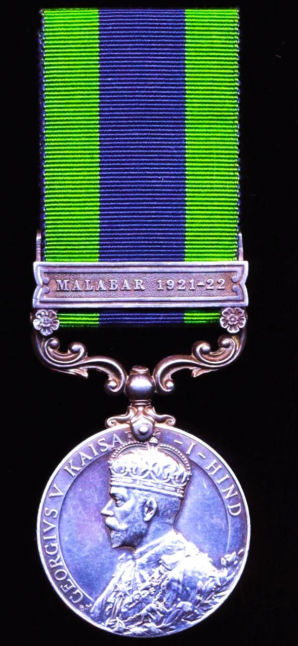 India General Service Medal 1908-35. GV 1st type Royal Mint issue with clasp 'Malabar 1921-22' (5820151 Pte. W. Millar. Suffolk. R)