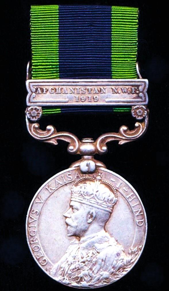 India General Service Medal 1908-35. GV first type. Silver issue with clasp 'Afghanistan N.W.F. 1919' (1272 Sepoy. Sher Singh. 1 Kashmir Infy.)