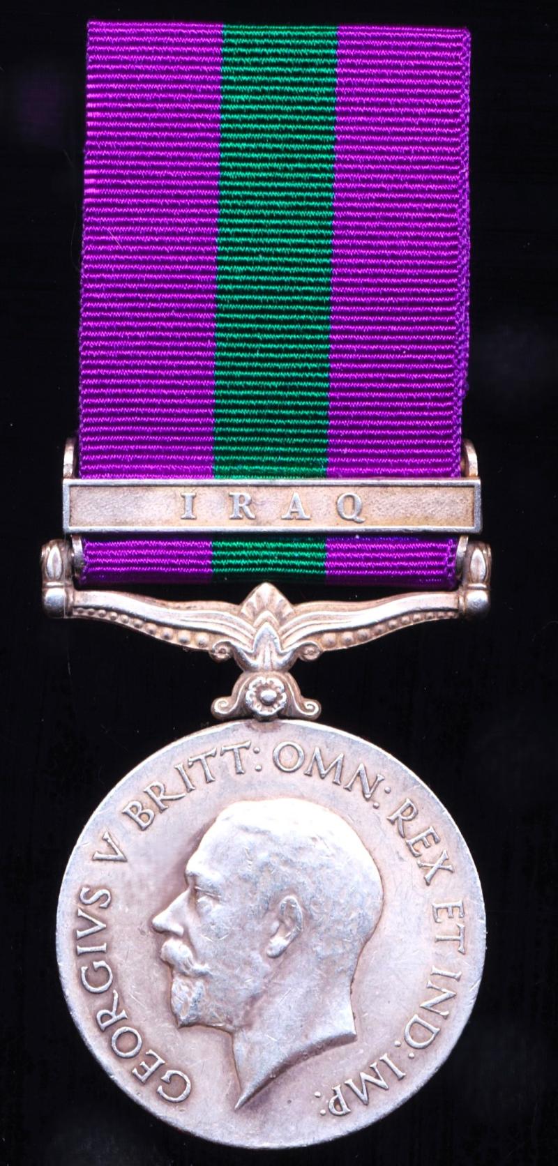 General Service Medal 1918-62. GV first issue with clasp 'Iraq' (6404 Spr. Ghulam Rasul. Ind. Sig. Cps )