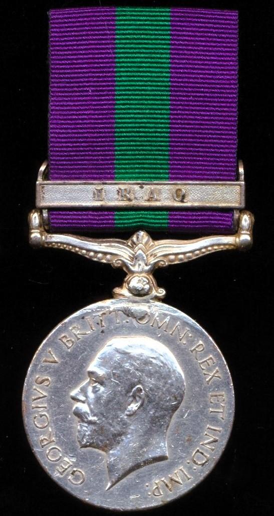 General Service Medal 1918-62. GV first issue with clasp 'Iraq' (438 Sowar Kehar Singh. C. of Guides (Cav.))