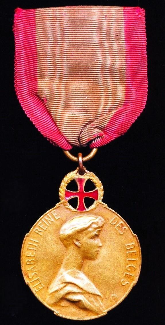 Belgium: Queen Elizabeth Medal 1914-1918. An active service 'Front-Line' award. With enamelled 'Red Cross' suspension