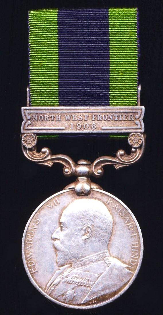 India General Service Medal 1908-1935. EDVII silver issue. With clasp 'North West Frontier 1908' (4350 Sepoy Lall Singh 45th Sikhs.)