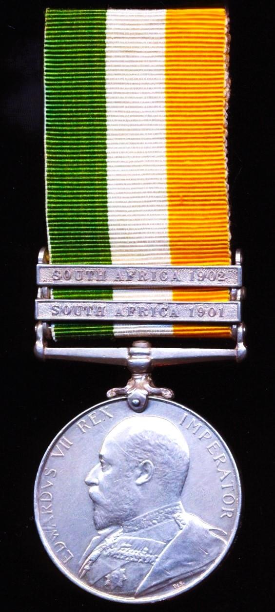 King's South Africa Medal 1901-02. With clasps 'South Africa 1901' & 'South Africa 1902' (8975 Serjt: A. Burrows. R.A.M.C.)