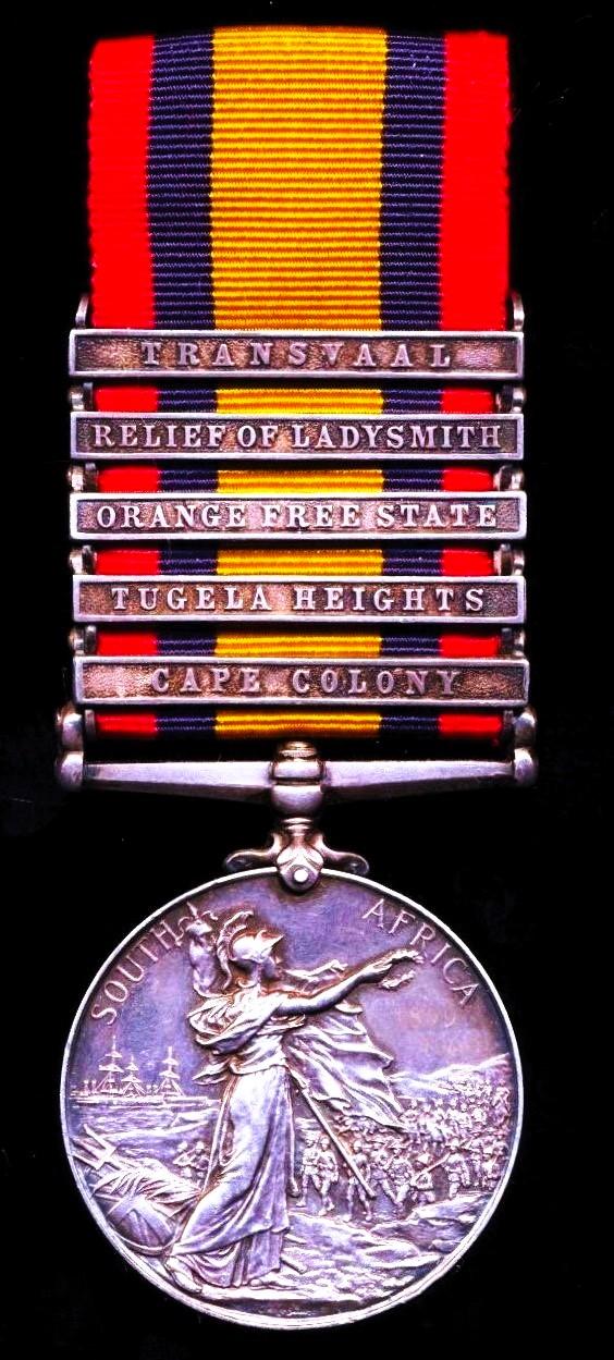 Queen’s South Africa Medal 1899-1902. Silver issue with 5 x clasps 'Cape Colony', 'Tugela Heights', 'Orange Free State', 'Relief of Ladysmith' & 'Transvaal' (2283 Pte. W. Brown, Rl. Dublin Fus: