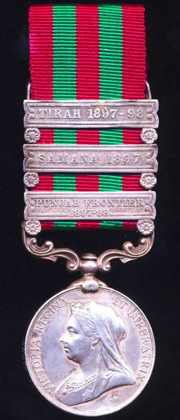 India General Service Medal 1895-1902, Silver issue with 4 x clasps 'Punjab Frontier 1897-98', 'Samana 1897', 'Tirah 1897-98' & 'Waziristan 1901-2' (1310 Sepoy Sundar Singh, 36 Sikhs)