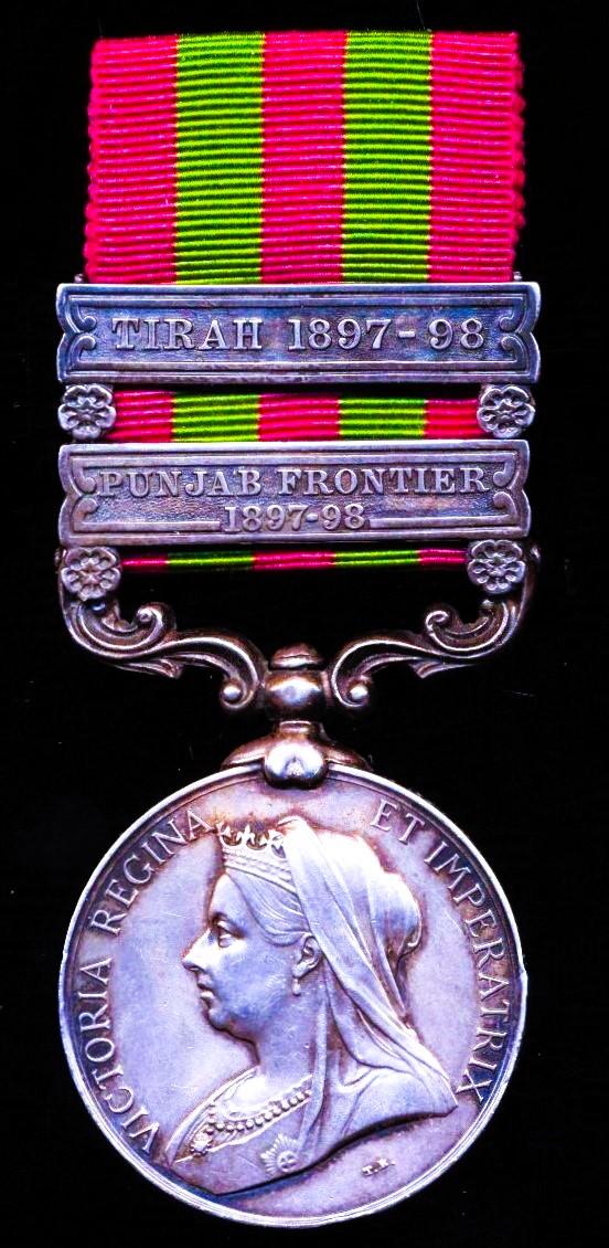 India General Service Medal 1895-1902. Victoria silver issue with 2 x clasps 'Punjab Frontier 1897-98' & 'Tirah 1897-98' (79766 Gunner. P. Reid 5th M. B. R. A.)