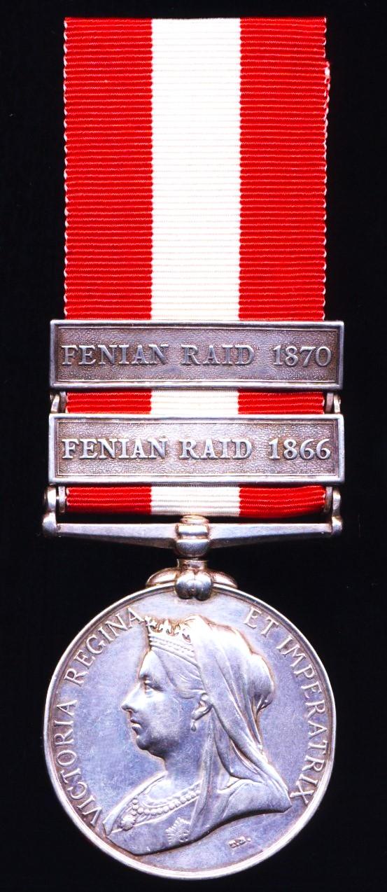 Canada General Service Medal, 1866-1870. Two clasps: 'Fenian Raid 1866' & 'Fenian Raid 1870'. Engraved (932. Pte. J. Clarke, 1/R. B)