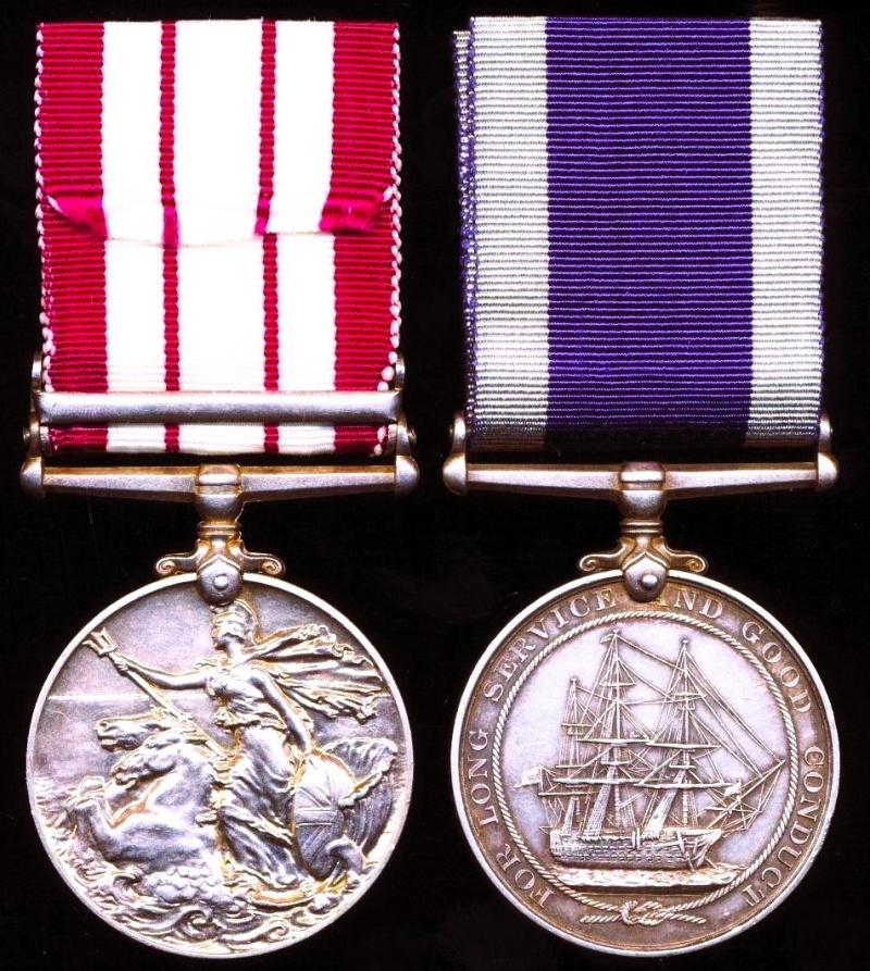 A Naval campaign & long service medal pair to a Chief Stoker who served on the Battleship H.M.S. Warspite - the most decorated warship of the Royal Navy 1939-45: Chief Stoker Walter Charles Harber, H.M.S. Warspite, late Royal Marine Light Infantry