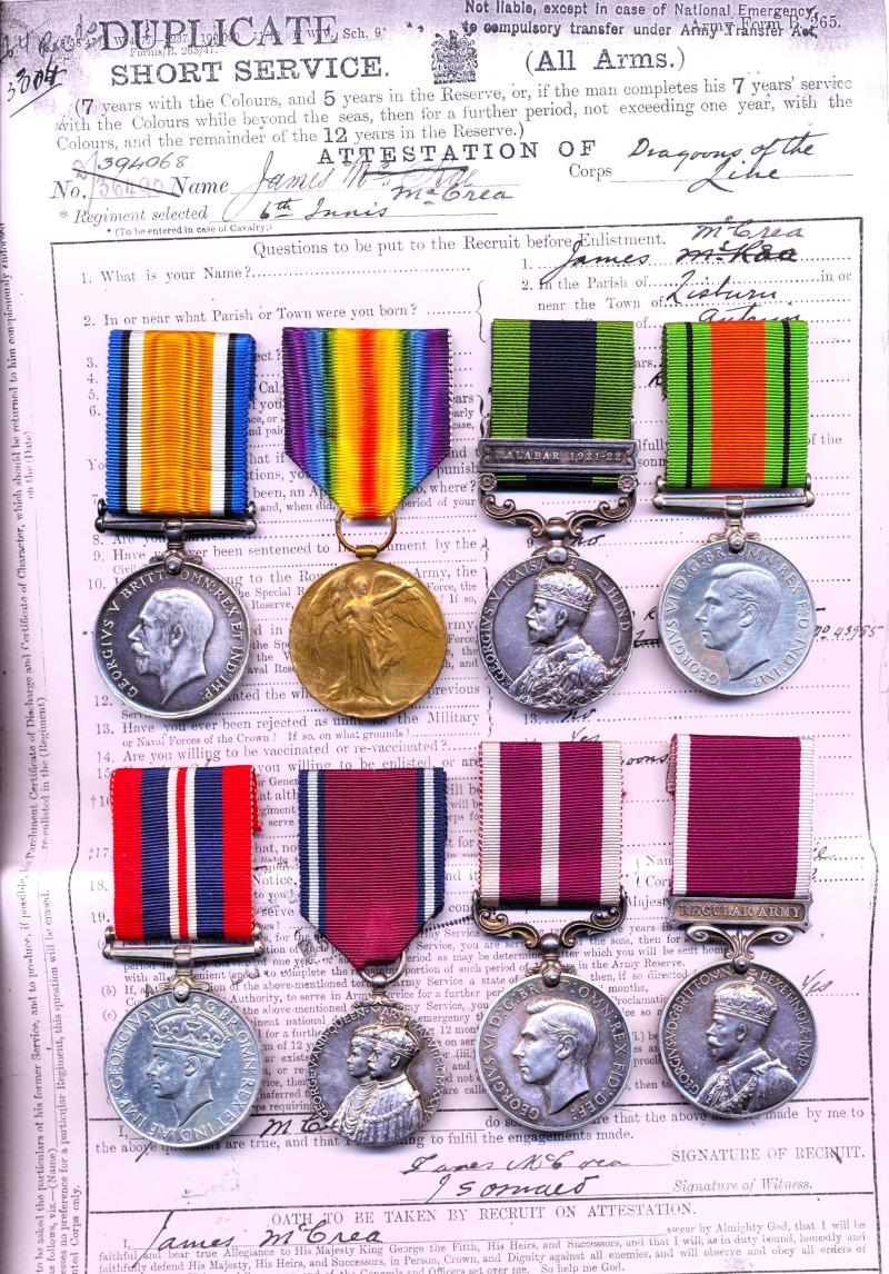 An Ulsterman's 'Fighting Irish' World War's and 'Malabar Campaign' medal group of 8: Sergeant James McCrea, The Queen's Bays (2nd Dragoon Guards) late Royal Lancashire Regiment