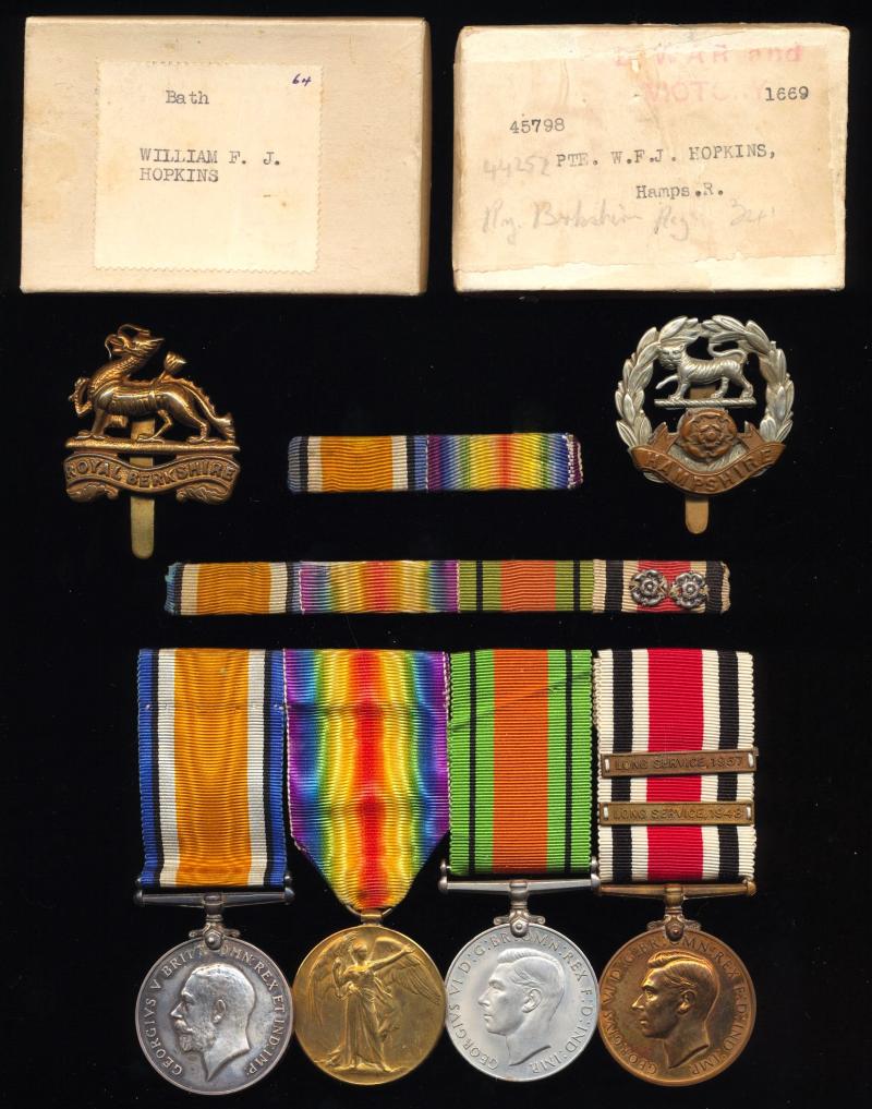 A World Wars campaign, civil defence & Special Constabulary medal group of 4: Special Constable William Frederick John Hopkins, 'Bath', Somerset, Special Constabulary late 1st Battalion Hampshire Regiment and 2/4th Bn Royal Berkshire Regiment