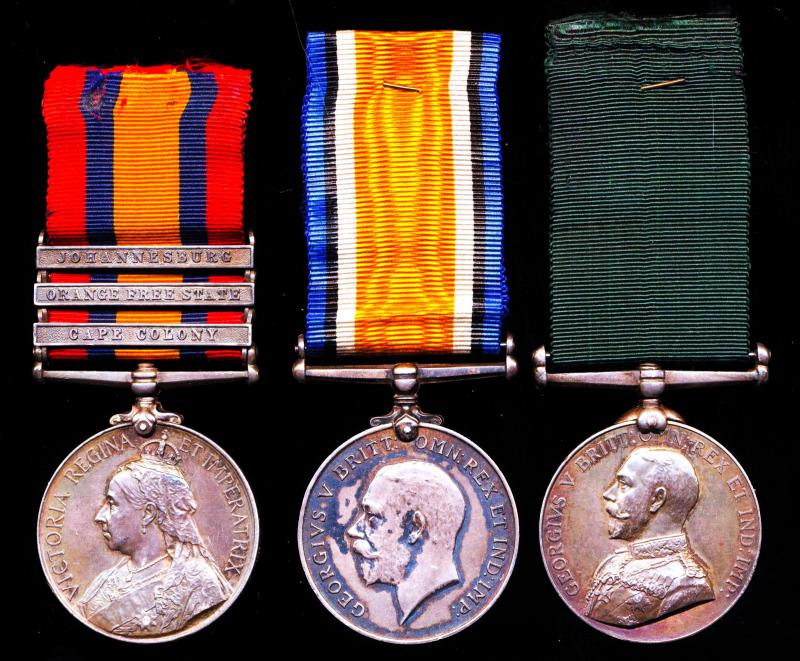 A 'Tea Planter's' and India 'Volunteer's' South African War, Great War & Long Service medal group of 3: Captain Edward Byres Moir-Byres Assam Valley Light Horse, late Lumsden's Horse