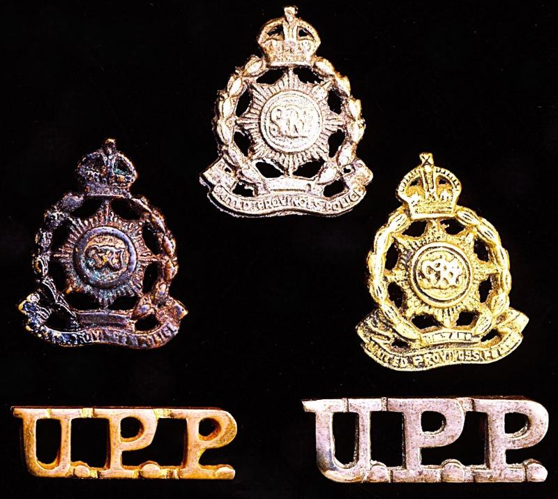 British India: United Provinces Police. Lot of 5 x collar badges (x 3) & shoulder titles (x 2)