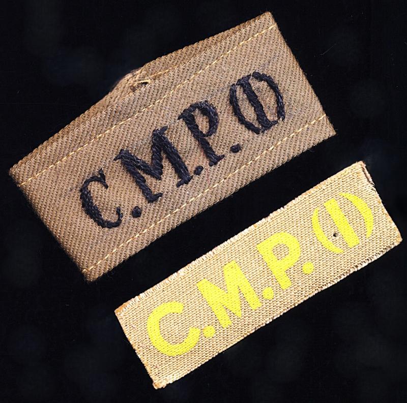 British India: Corps of Indian Military Police. Two x cloth fabric shoulder titles. As worn circa 1942-1945