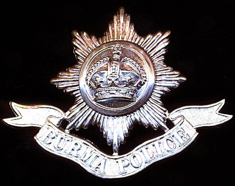 British Empire: Burma Police. A die-struck King's Crown white-metal cap badge (circa 1937-1947)