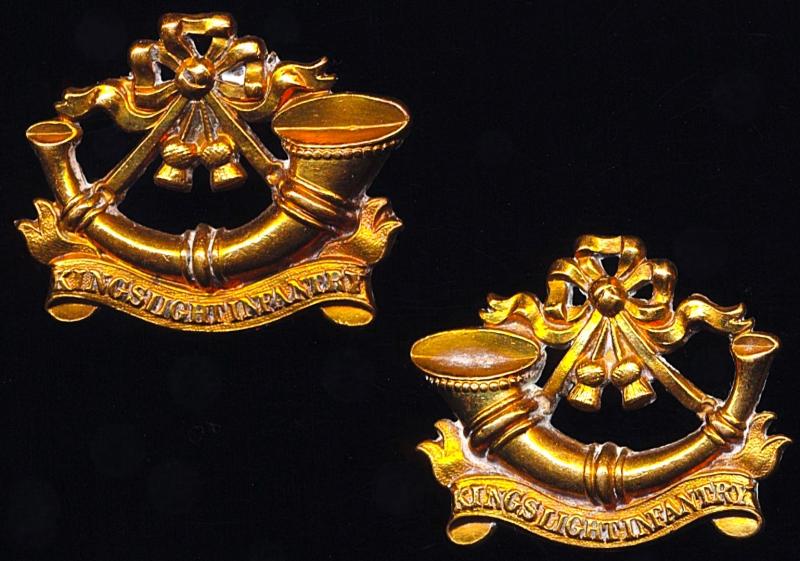 The King's Light Infantry (Shropshire Regiment): Pair of gilding metal collar badges (1881-1882)