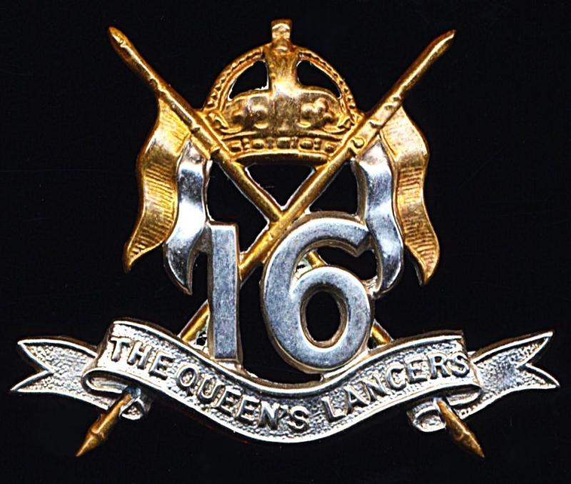 16th Lancers. Kings Crown bi-metal, Officers silver plated & gilt, collar badge. Circa 1902-1952