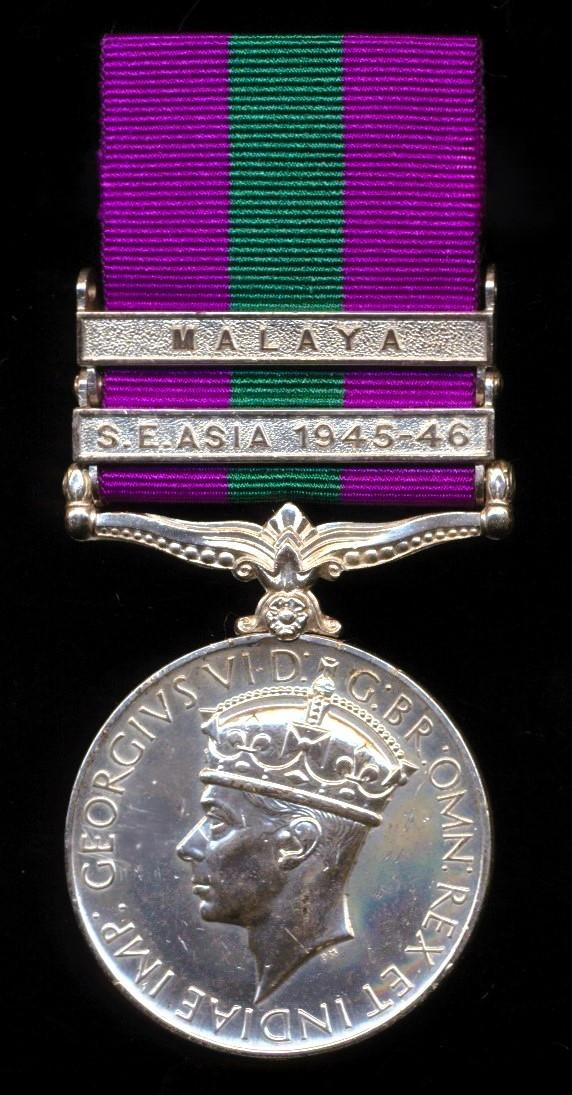 General Service Medal 1918-62. GVI 1st issue with 2 x clasps 'S.E. Asia 1945-46' & 'Malaya' (Capt. H. W. Ashby, 5 G.R.)