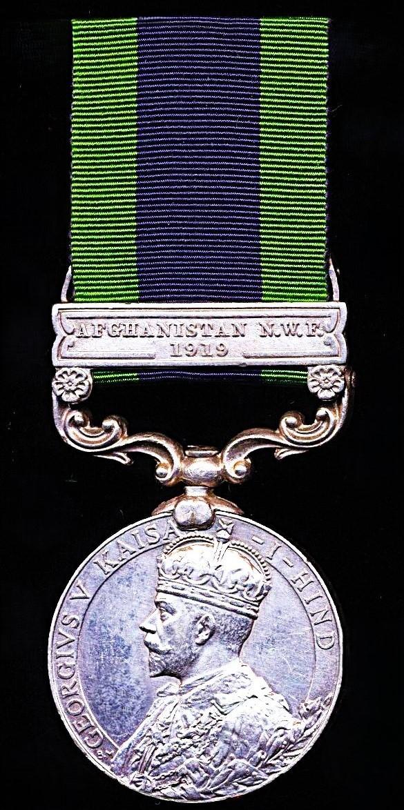 India General Service Medal 1908-35. GV 1st issue with clasp 'Afghanistan N.W.F. 1919' (677 Dfdr Jaggat Singh 12 Cavy)