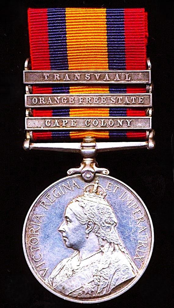 Queens South Africa Medal 1899-1902. Silver issue with 3 x clasps 'Cape Colony', 'Orange Free State', 'Transvaal' (29452 Pte: J. McDonald, 20th Coy Imp: Yeo:)