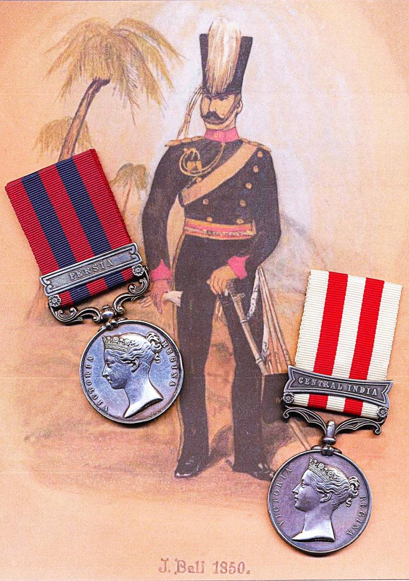 A most uncommon 'Illustrated' Victorian 'Wounded-in-Action' campaign medal pair for the Persia and Indian Mutiny campaigns: James Ball, Corps of Enrolled Pensioners late 14th Light Dragoons