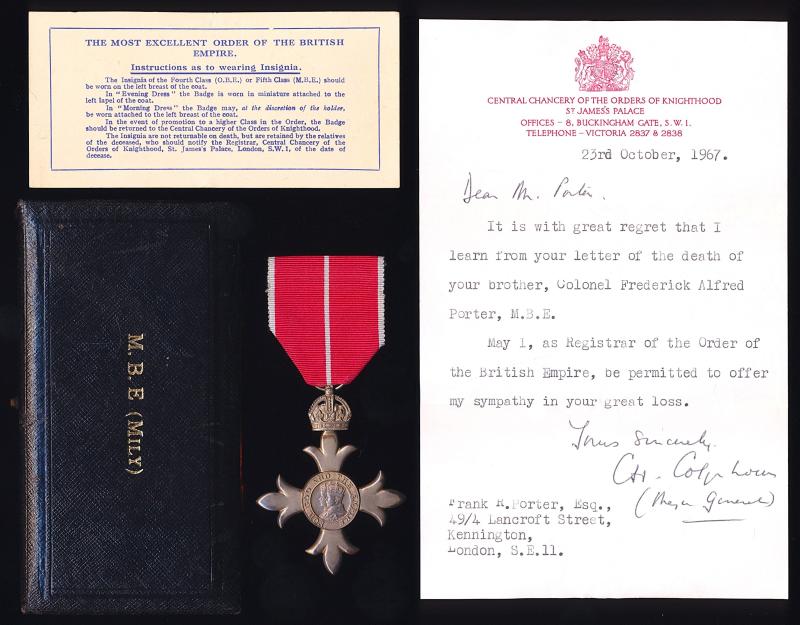 Order Of The British Empire (Military). 5th class Member  (M.B.E.) 2nd type breast badge. Attributed to Lieutenant-Colonel Frederick Alfred Porter, M.B.E., King's African Rifles late East African Army Service Corps & Royal Fusiliers