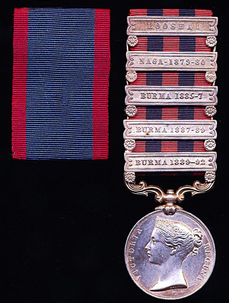 India General Service Medal Medal 1854-95. Silver issue with 5 x clasps 'Looshai', 'Naga 1879-80', 'Burma 1885-7', 'Burma 1887-89' & 'Burma 1889-92' (Sepoy Jungbeer Khuttree 44th Regt N.I.)