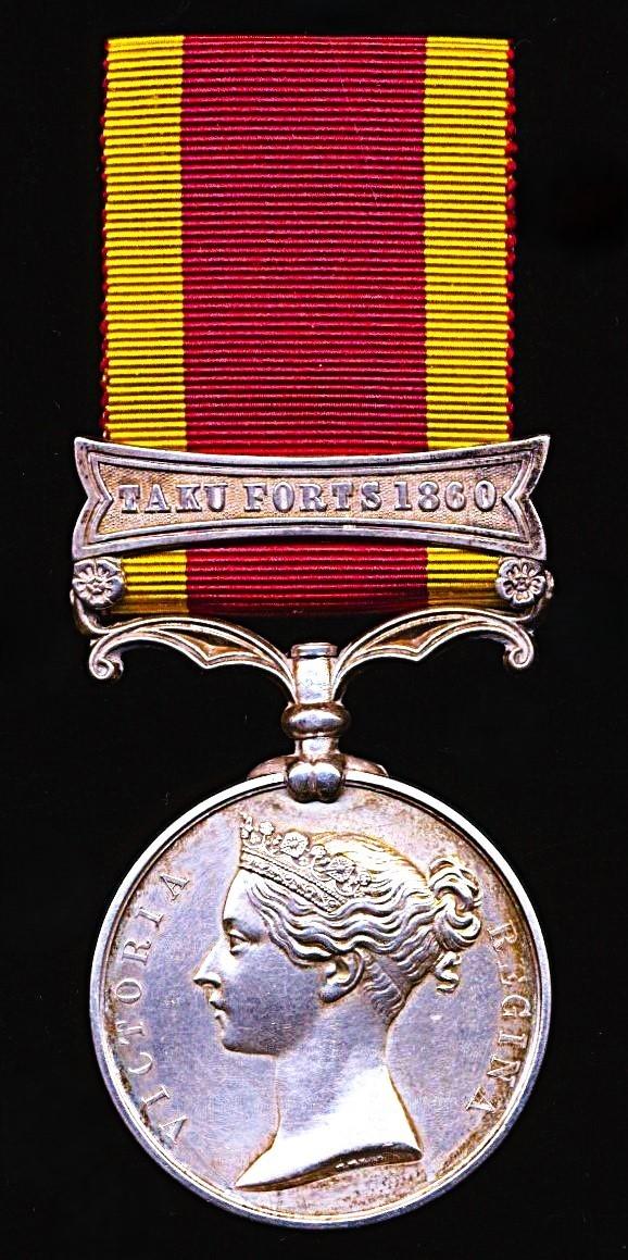 China Medal 1857-60. With clasp 'Taku Forts 1860' (J. Down, A.B., H.M.S. Snap.)